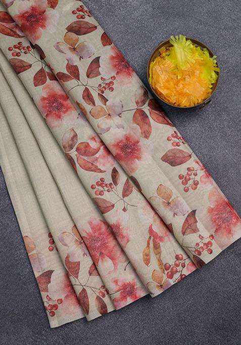 Tissue Saree Cream With Allover Zari Weaves And Floral Digital Printed Border For Women