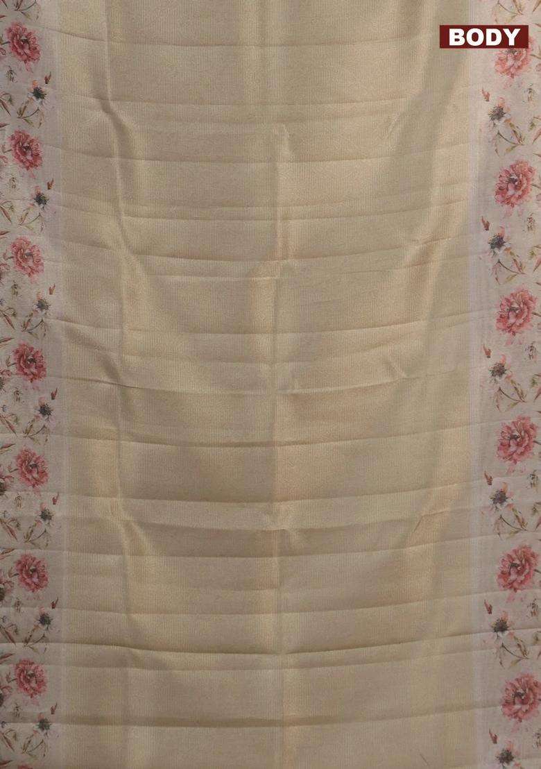 Tissue Saree Beige With Allover Zari Weaves And Floral Digital Printed Border For Women - Indya