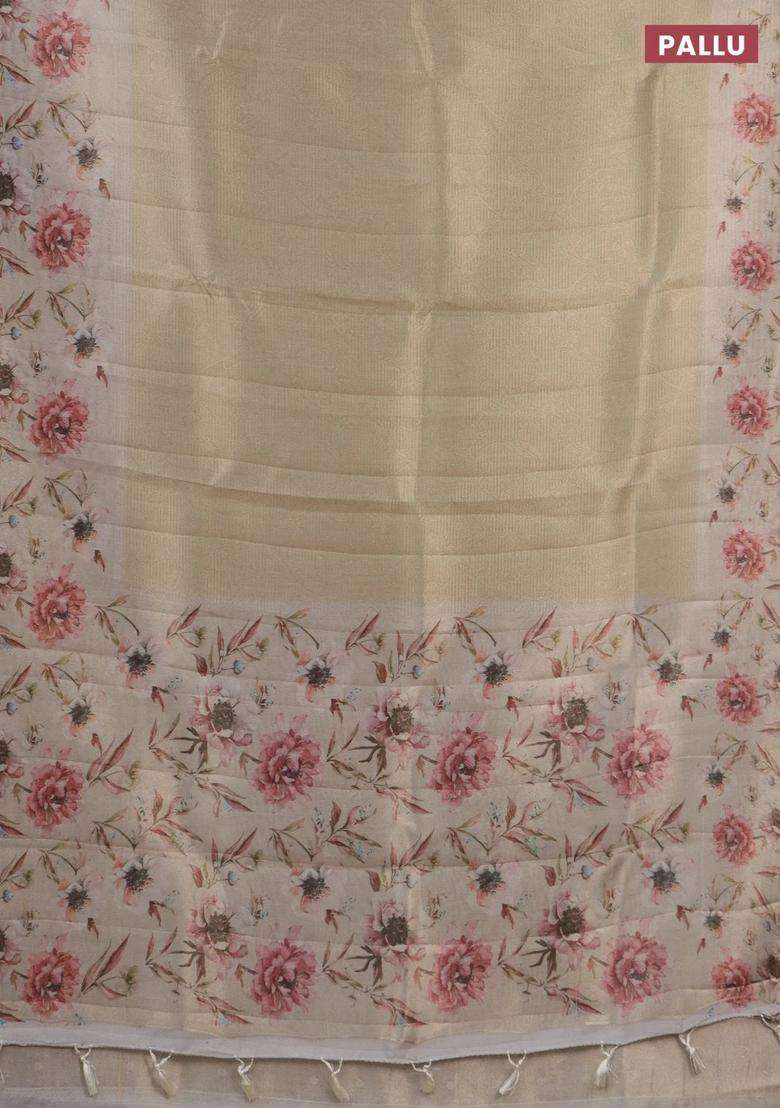 Tissue Saree Beige With Allover Zari Weaves And Floral Digital Printed Border For Women - Indya