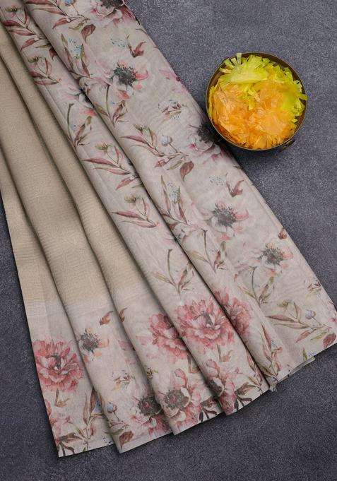 Tissue Saree Beige With Allover Zari Weaves And Floral Digital Printed Border For Women