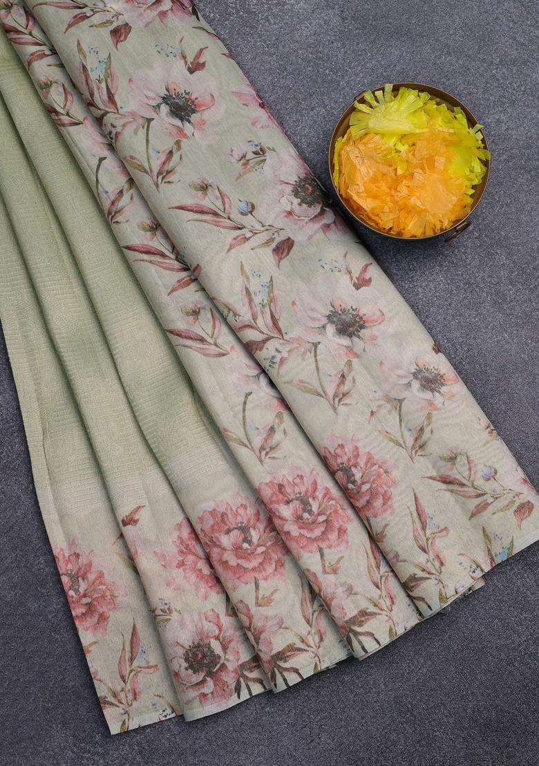 Tissue Saree Pista Green With Allover Zari Weaves And Floral Digital Printed Border For Women - Indya