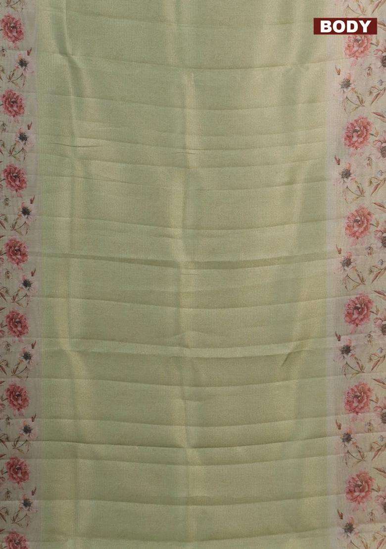 Tissue Saree Pista Green With Allover Zari Weaves And Floral Digital Printed Border For Women - Indya