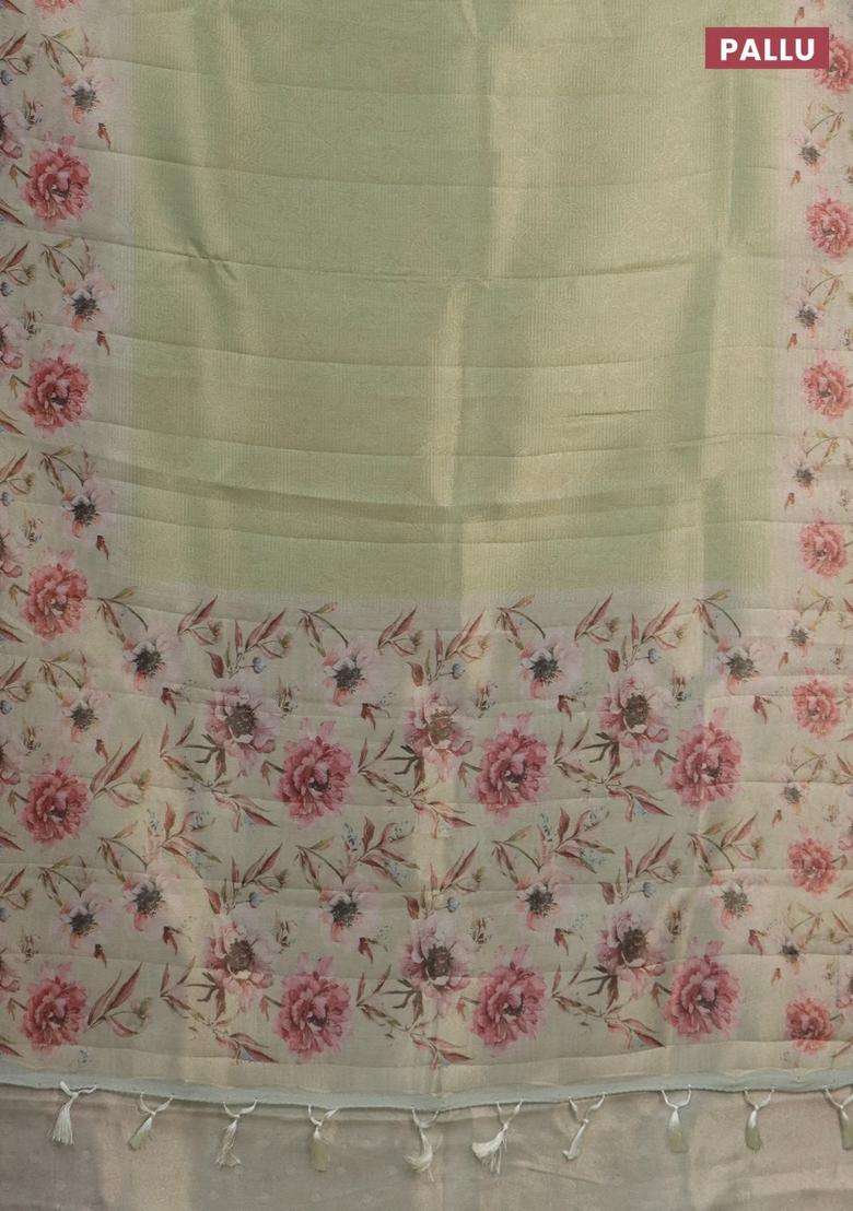 Tissue Saree Pista Green With Allover Zari Weaves And Floral Digital Printed Border For Women - Indya