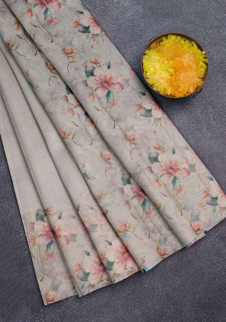 Tissue Saree Beige With Allover Zari Weaves And Floral Digital Printed Border For Women - Indya