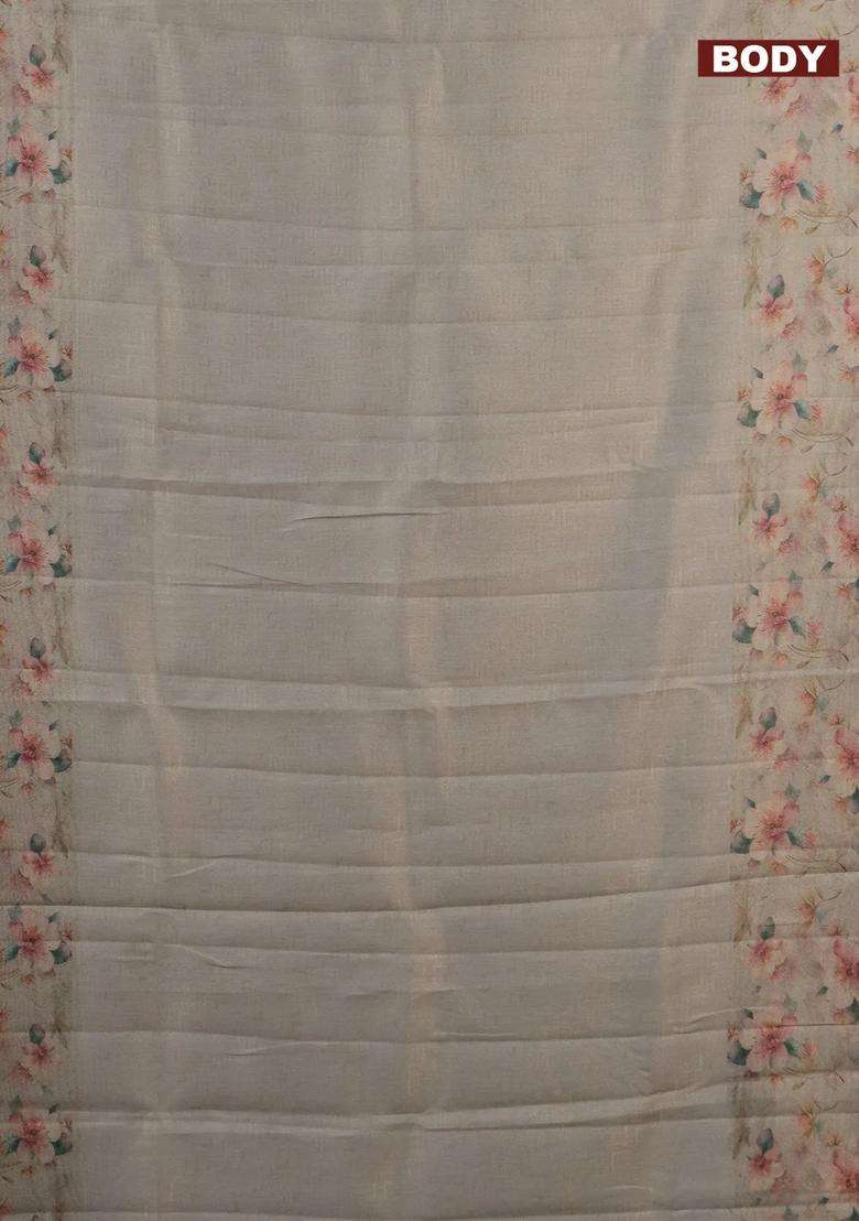 Tissue Saree Beige With Allover Zari Weaves And Floral Digital Printed Border For Women - Indya