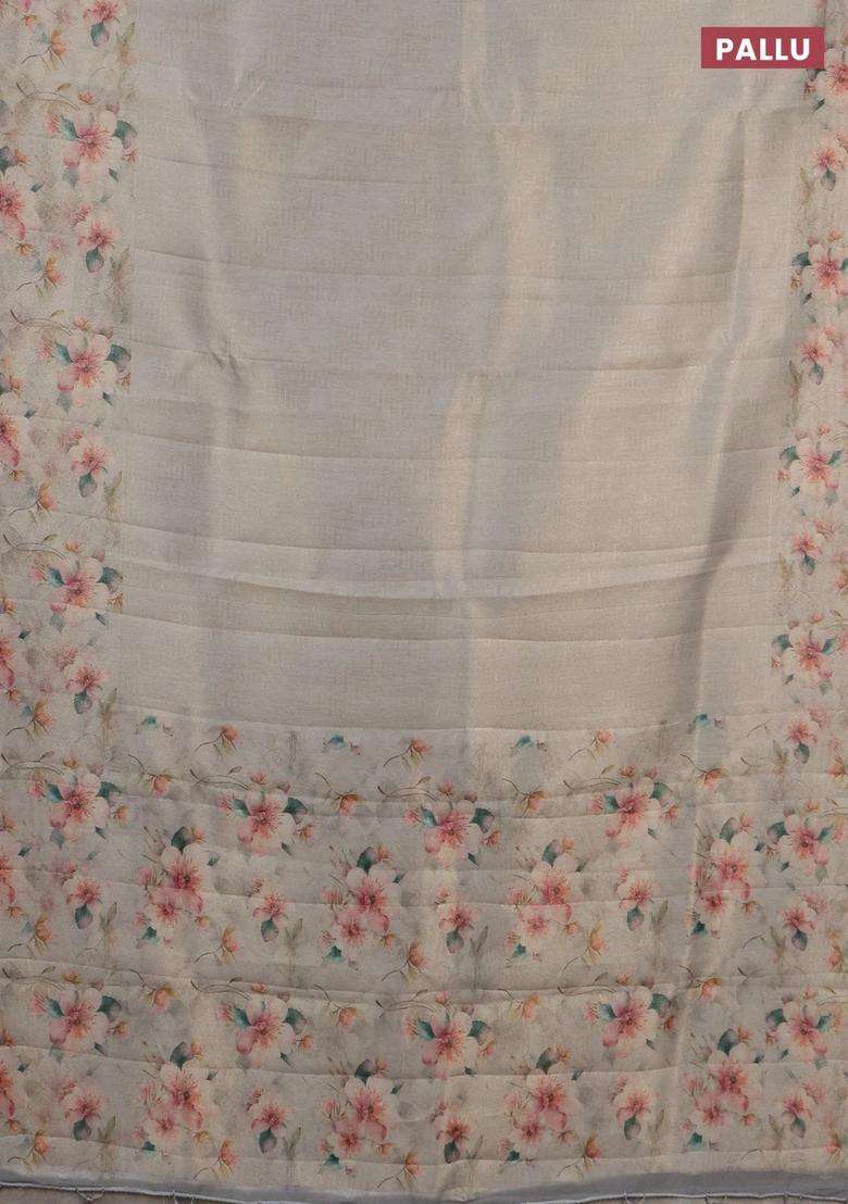 Tissue Saree Beige With Allover Zari Weaves And Floral Digital Printed Border For Women - Indya
