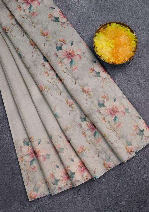Tissue Saree Beige With Allover Zari Weaves And Floral Digital Printed Border For Women