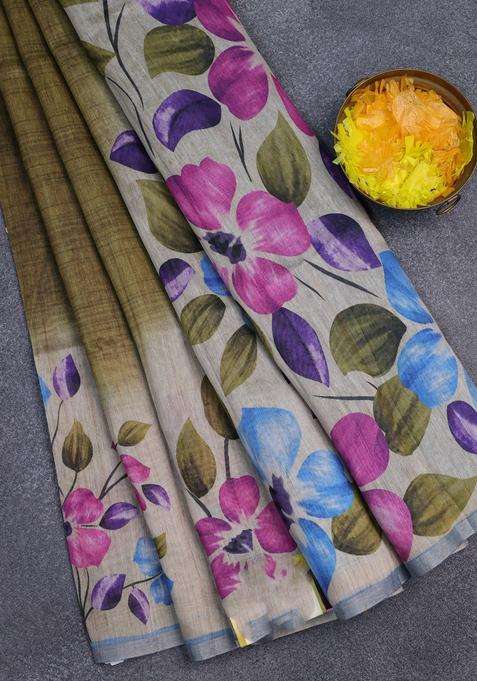 Semi Tussar Saree Beige Mehendi Green And Pastel Blue With Floral Prints And Small Zari Woven Border With Printed Design For Women