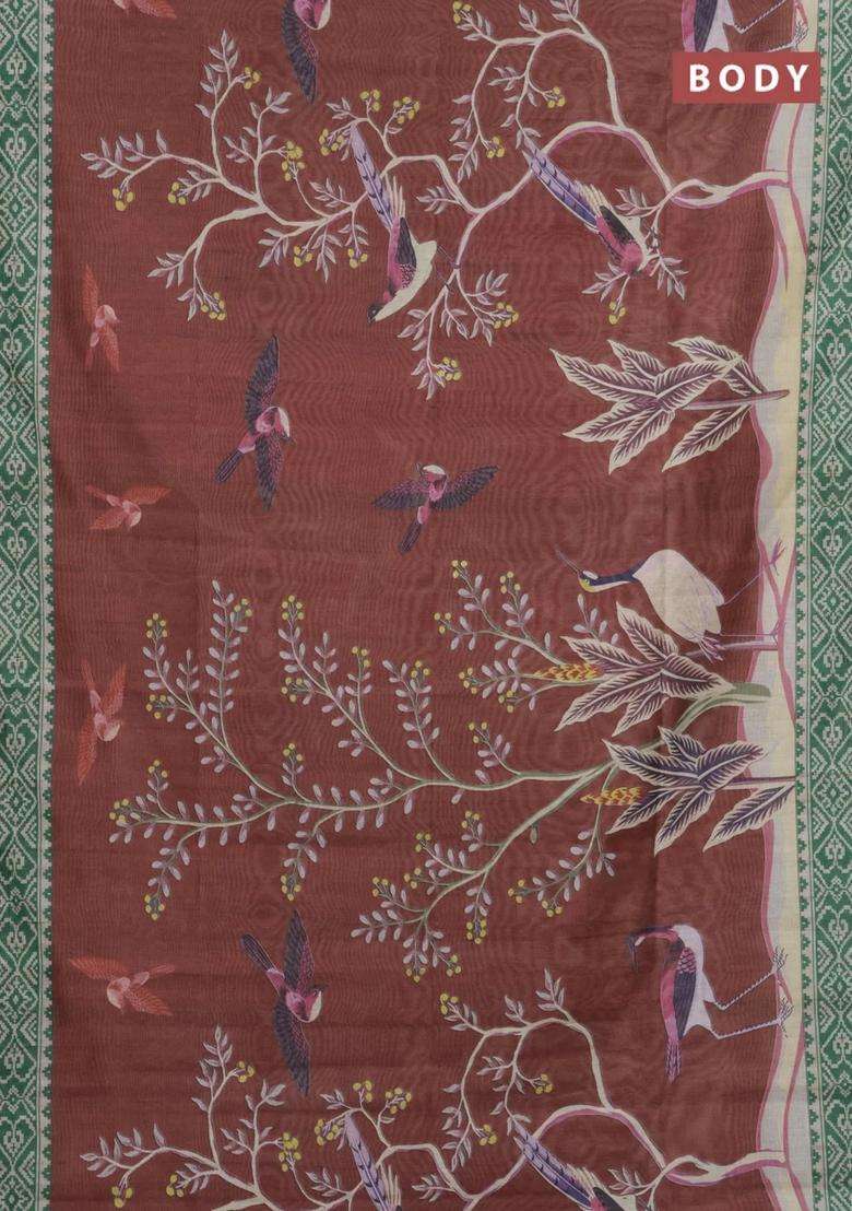 Semi Tussar Saree Rust Shade And Green With Allover Prints And Printed Zari Border For Women - Indya