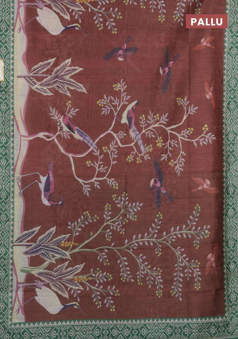 Semi Tussar Saree Rust Shade And Green With Allover Prints And Printed Zari Border For Women - Indya