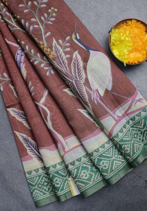 Semi Tussar Saree Rust Shade And Green With Allover Prints And Printed Zari Border For Women