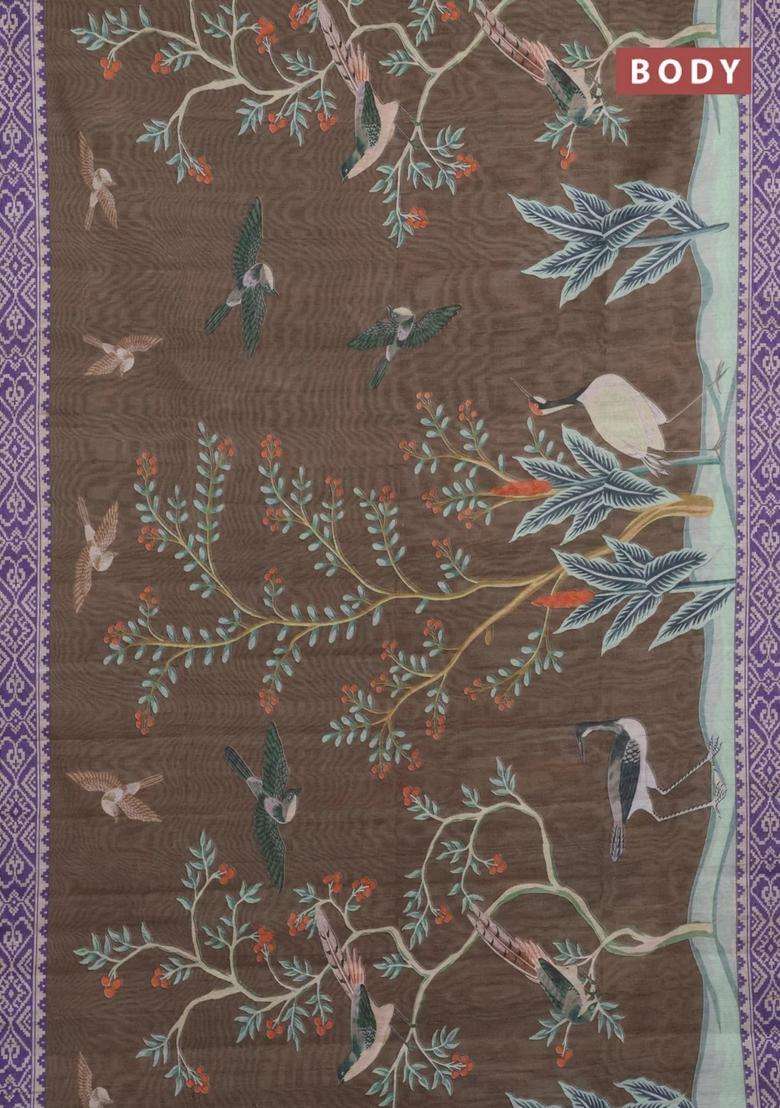 Semi Tussar Saree Brown Shade And Violet With Allover Prints And Printed Zari Border For Women - Indya
