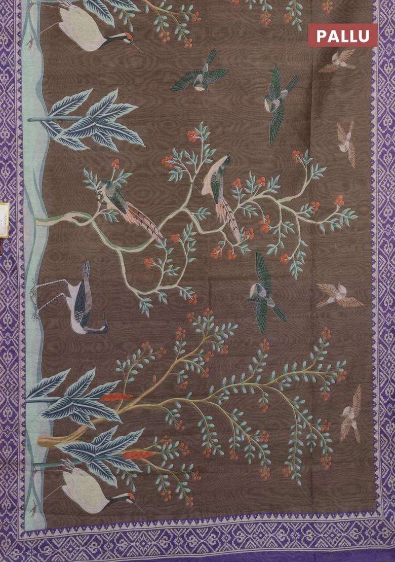 Semi Tussar Saree Brown Shade And Violet With Allover Prints And Printed Zari Border For Women - Indya