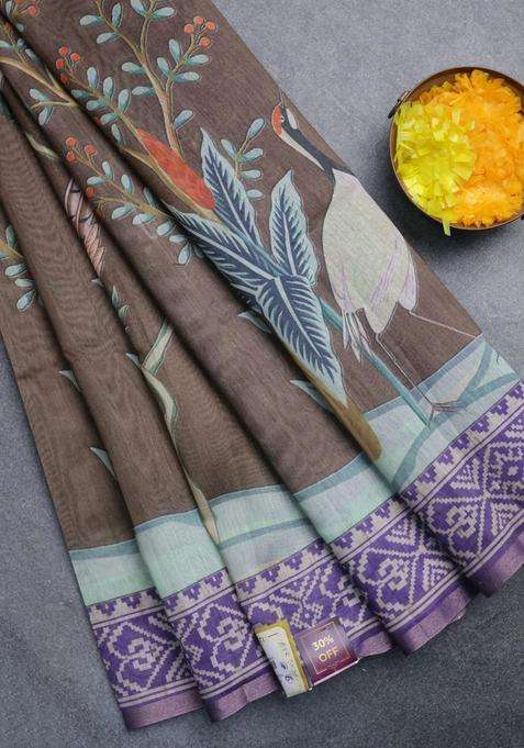Semi Tussar Saree Brown Shade And Violet With Allover Prints And Printed Zari Border For Women
