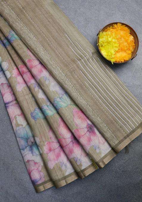 Semi Tussar Saree Elaichi Green And Green With Allover Floral Prints And Small Zari Woven Border With Printed Design For Women