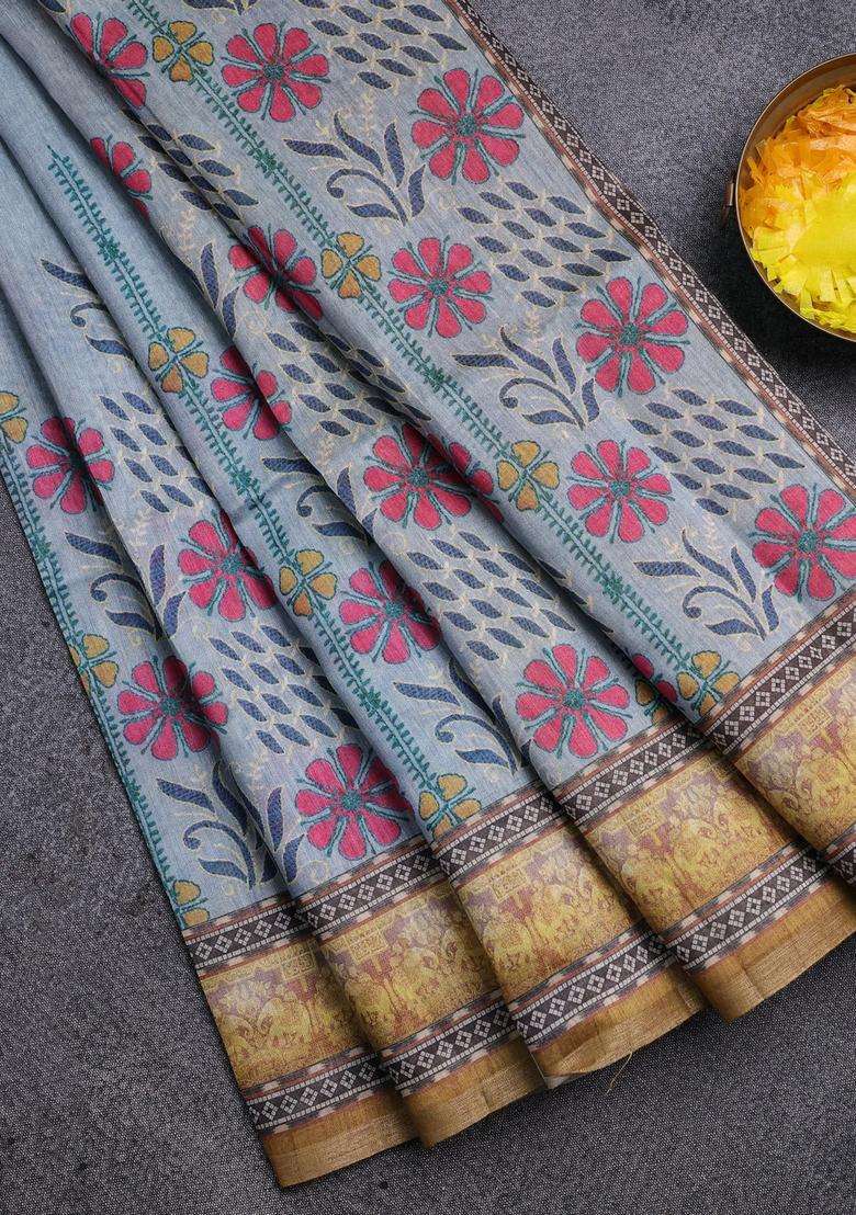 Semi Tussar Saree Pastel Grey And Yellow With Allover Prints And Small Zari Woven Border With Printed Design For Women - Indya