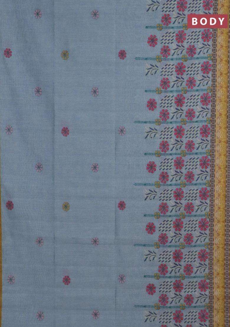Semi Tussar Saree Pastel Grey And Yellow With Allover Prints And Small Zari Woven Border With Printed Design For Women - Indya