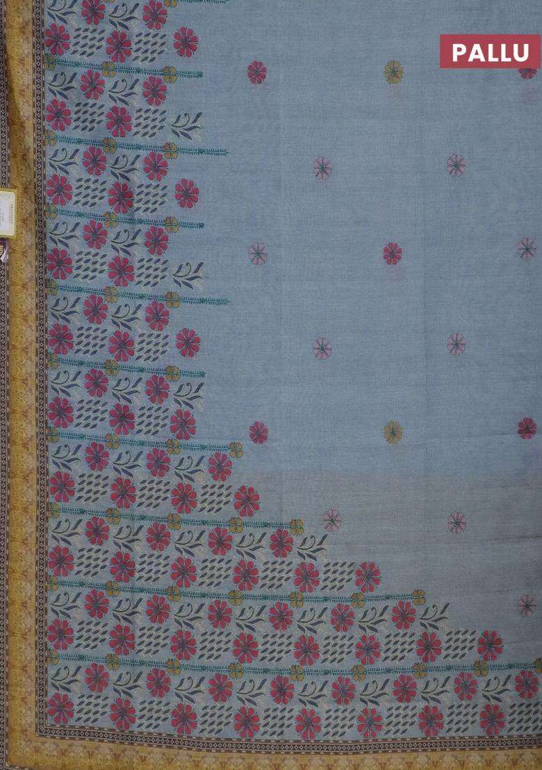 Semi Tussar Saree Pastel Grey And Yellow With Allover Prints And Small Zari Woven Border With Printed Design For Women - Indya