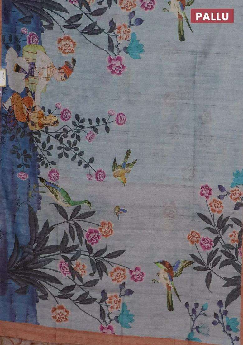 Semi Tussar Saree Pastel Grey And Peach Shade With Allover Prints And Small Zari Woven Border With Printed Design For Women - Indya
