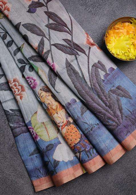 Semi Tussar Saree Pastel Grey And Peach Shade With Allover Prints And Small Zari Woven Border With Printed Design For Women