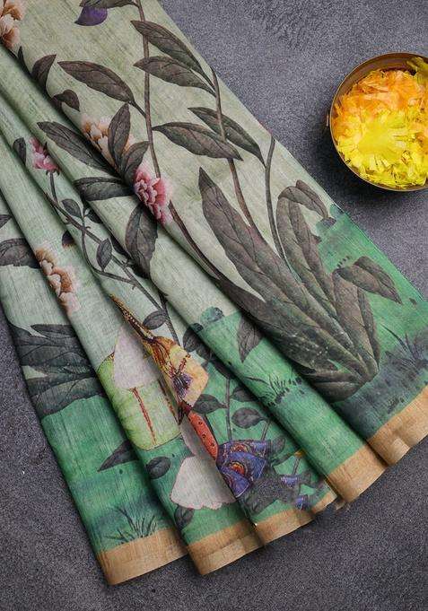 Semi Tussar Saree Pastel Green And Sandal With Allover Prints And Small Zari Woven Border With Printed Design For Women