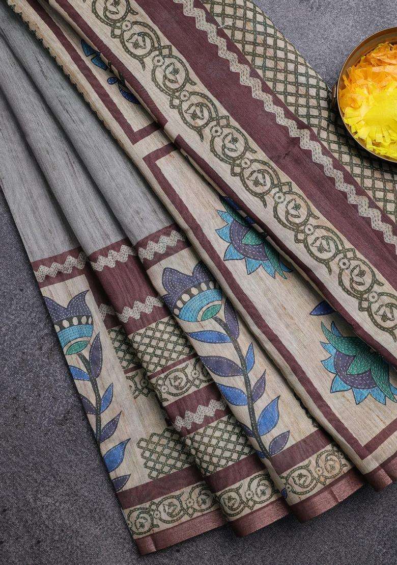 Semi Tussar Saree Grey Shade And Brown With Plain Body And Long Printed Zari Border For Women - Indya