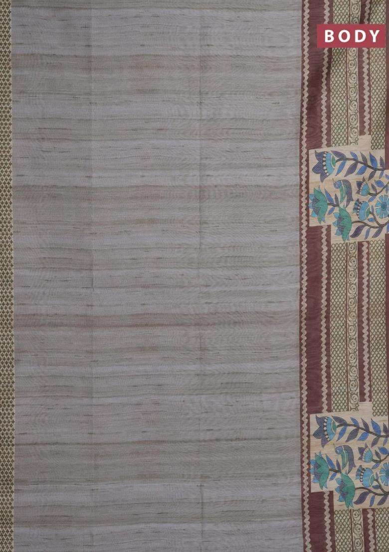 Semi Tussar Saree Grey Shade And Brown With Plain Body And Long Printed Zari Border For Women - Indya