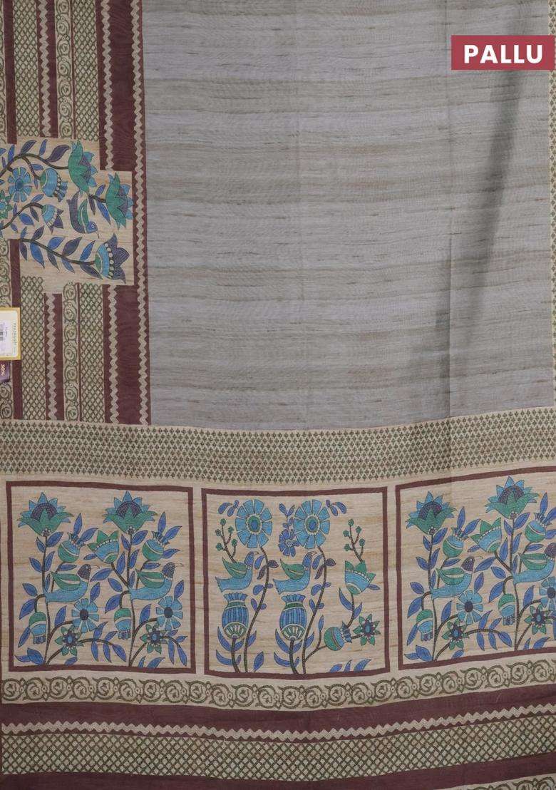 Semi Tussar Saree Grey Shade And Brown With Plain Body And Long Printed Zari Border For Women - Indya