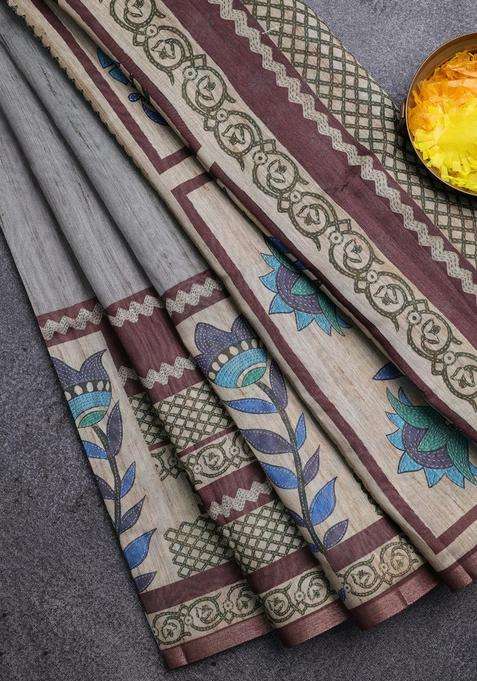 Semi Tussar Saree Grey Shade And Brown With Plain Body And Long Printed Zari Border For Women