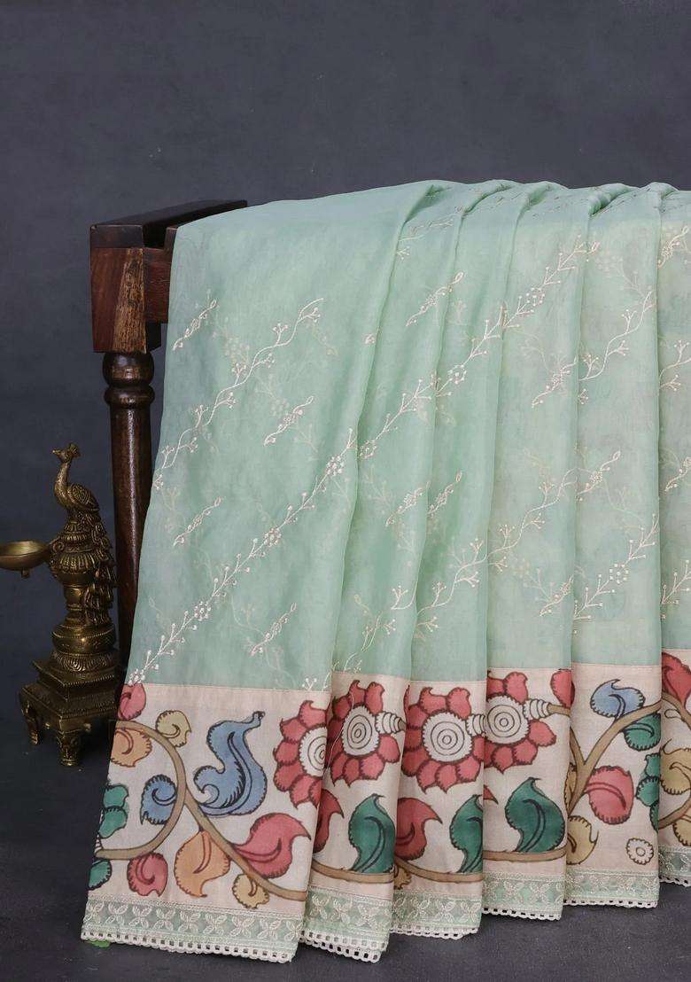 Semi Organza Saree Pastel Green And Beige With Allover Embroidery Work And Applique Pallu Blouse With Embroidered Design For Women - Indya