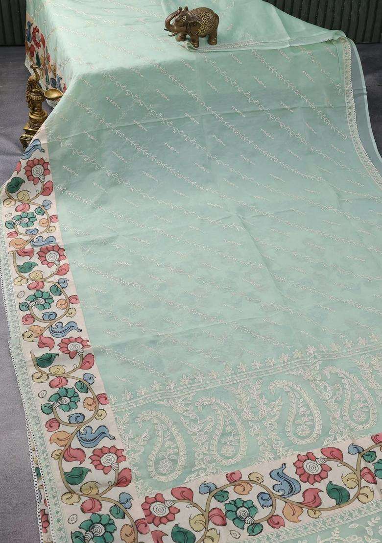 Semi Organza Saree Pastel Green And Beige With Allover Embroidery Work And Applique Pallu Blouse With Embroidered Design For Women - Indya