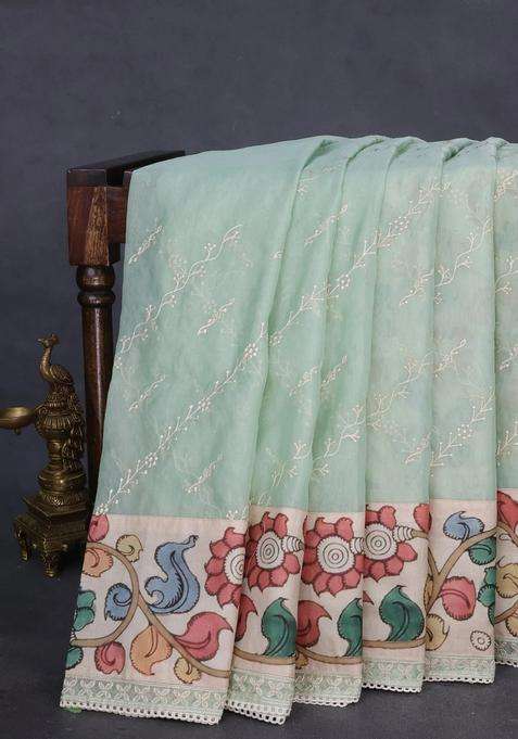 Semi Organza Saree Pastel Green And Beige With Allover Embroidery Work And Applique Pallu Blouse With Embroidered Design For Women