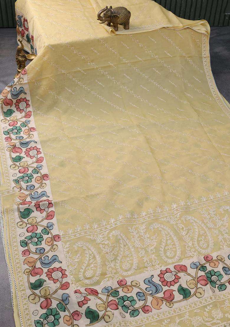 Semi Organza Saree Sandal And Beige With Allover Embroidery Work And Applique Pallu Blouse With Embroidered Design For Women - Indya