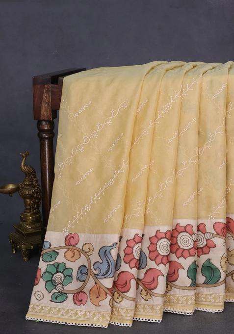 Semi Organza Saree Sandal And Beige With Allover Embroidery Work And Applique Pallu Blouse With Embroidered Design For Women