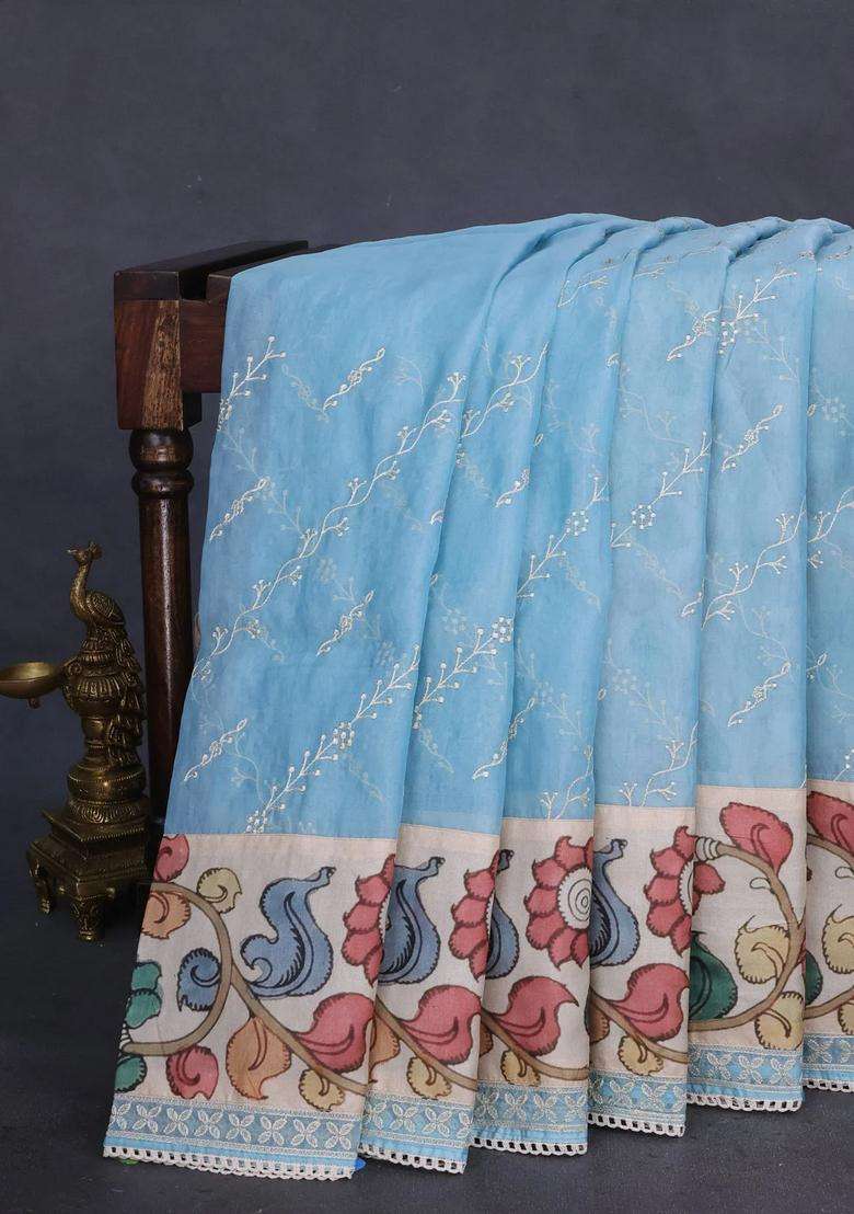 Semi Organza Saree Pastel Blue And Beige With Allover Embroidery Work And Applique Pallu Blouse With Embroidered Design For Women - Indya