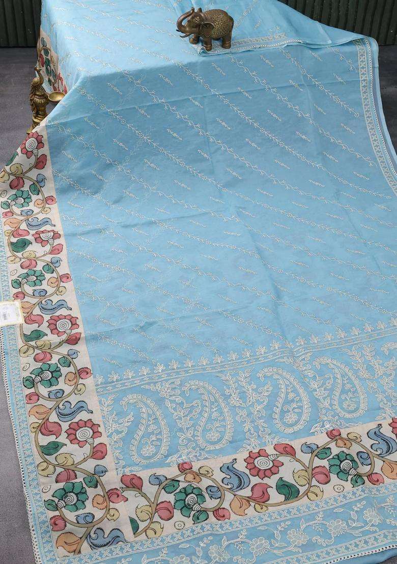 Semi Organza Saree Pastel Blue And Beige With Allover Embroidery Work And Applique Pallu Blouse With Embroidered Design For Women - Indya