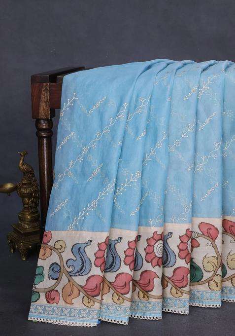 Semi Organza Saree Pastel Blue And Beige With Allover Embroidery Work And Applique Pallu Blouse With Embroidered Design For Women