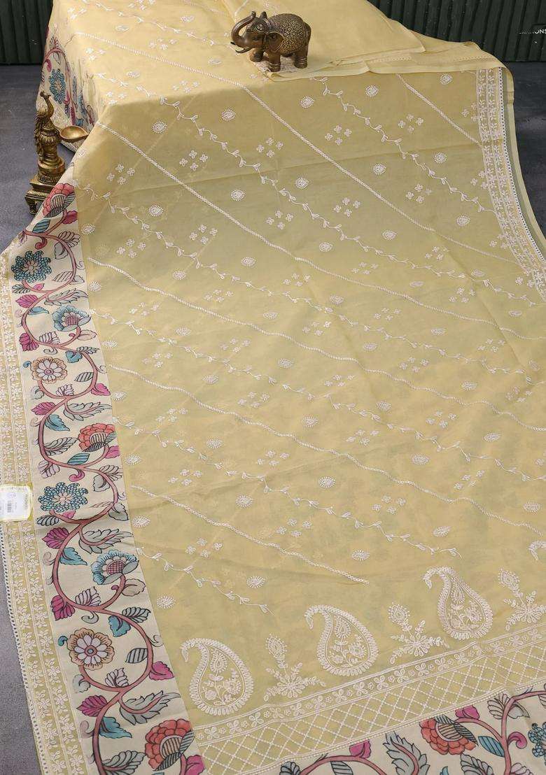 Semi Organza Saree Sandal And Beige With Allover Embroidery Work And Applique Pallu Blouse With Embroidered Design For Women - Indya