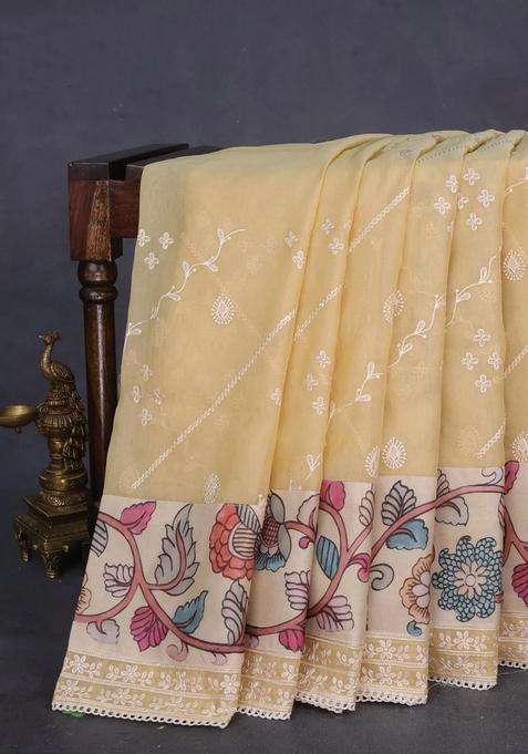 Semi Organza Saree Sandal And Beige With Allover Embroidery Work And Applique Pallu Blouse With Embroidered Design For Women