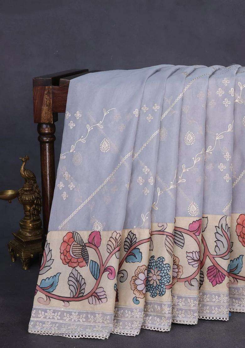 Semi Organza Saree Pastel Grey And Beige With Allover Embroidery Work And Applique Pallu Blouse With Embroidered Design For Women - Indya