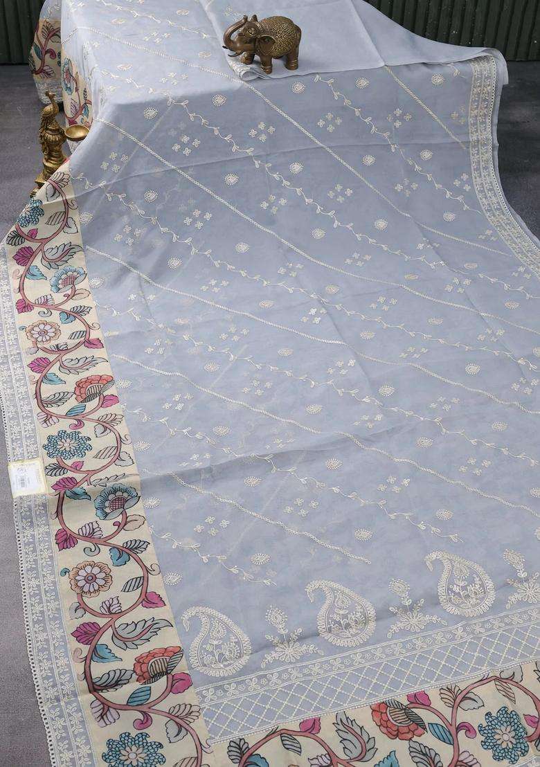 Semi Organza Saree Pastel Grey And Beige With Allover Embroidery Work And Applique Pallu Blouse With Embroidered Design For Women - Indya