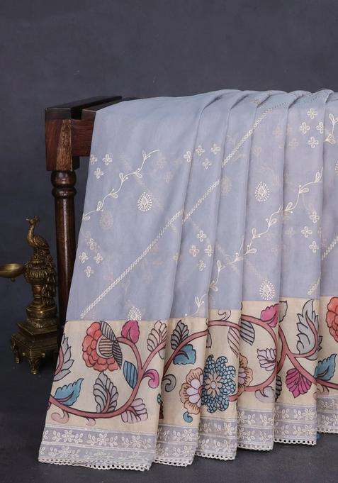 Semi Organza Saree Pastel Grey And Beige With Allover Embroidery Work And Applique Pallu Blouse With Embroidered Design For Women