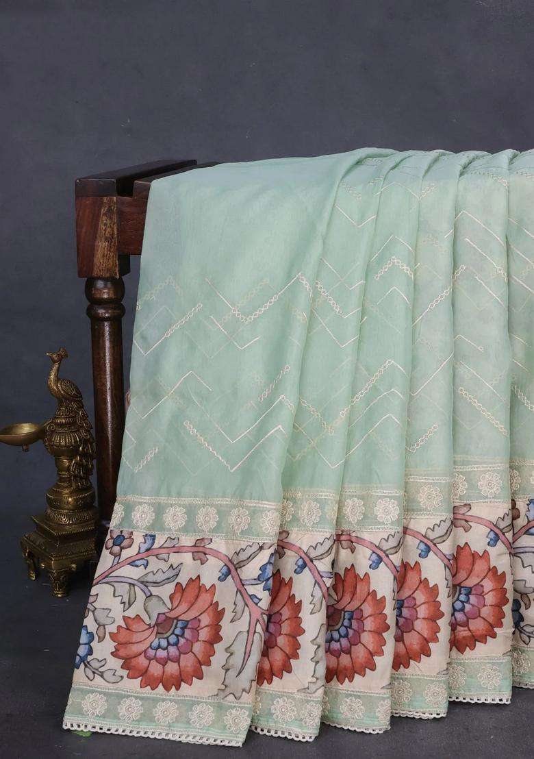 Semi Organza Saree Pastel Green And Beige With Allover Embroidery Work And Applique Pallu Blouse With Embroidered Design For Women - Indya