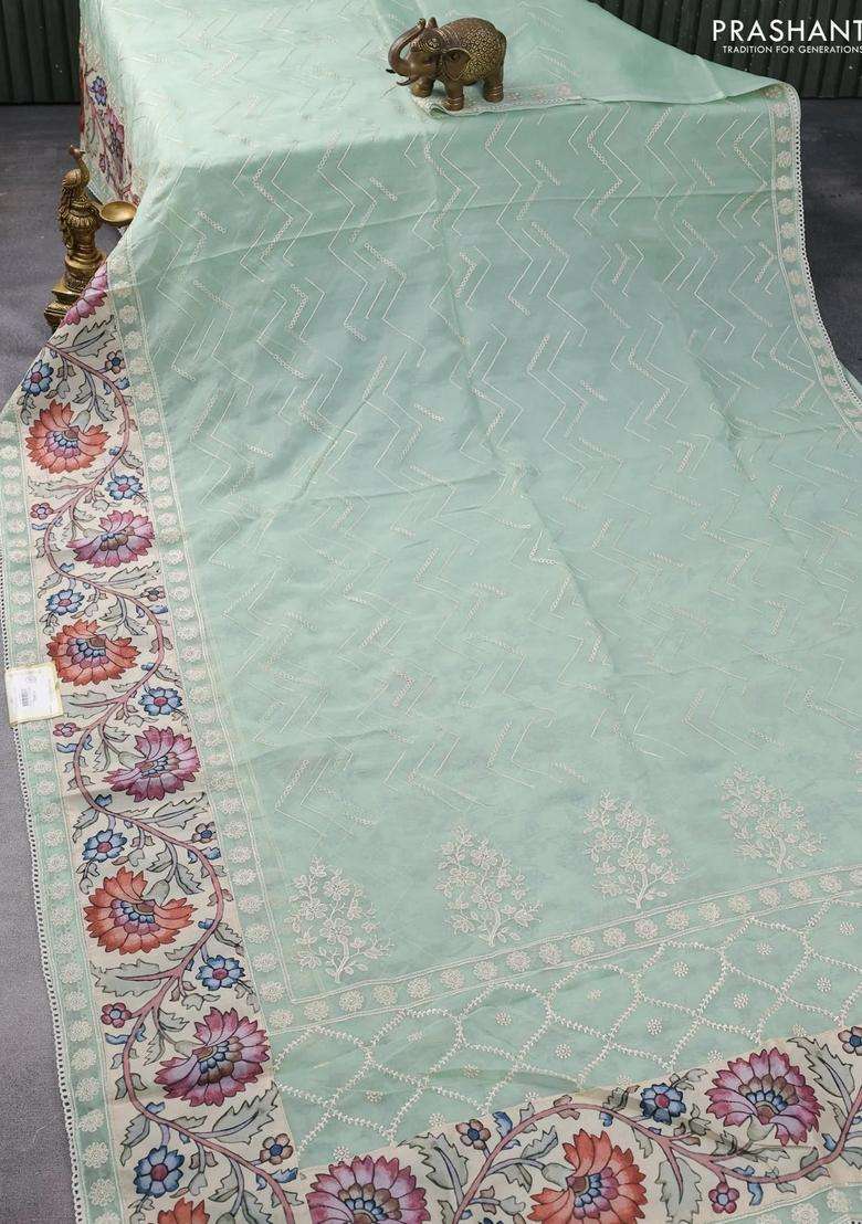 Semi Organza Saree Pastel Green And Beige With Allover Embroidery Work And Applique Pallu Blouse With Embroidered Design For Women - Indya
