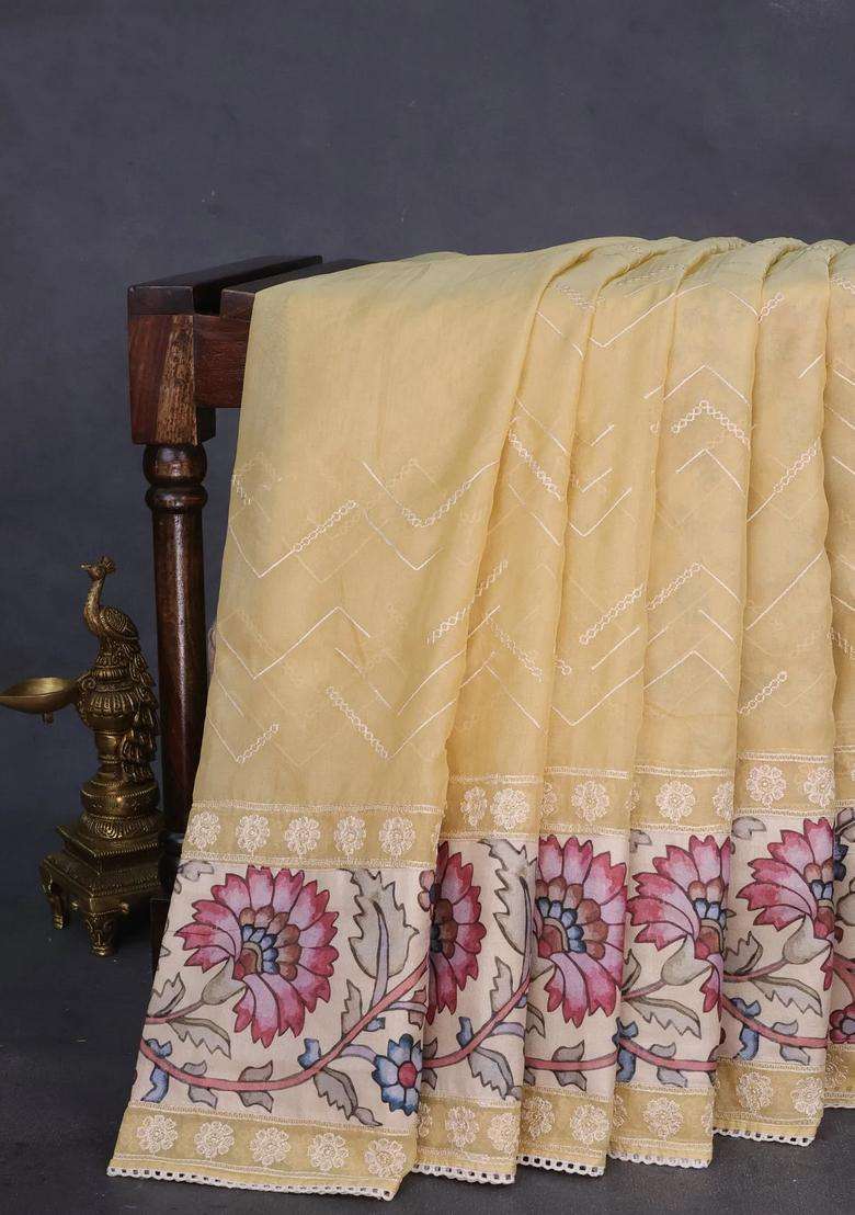Semi Organza Saree Sandal And Beige With Allover Embroidery Work And Applique Pallu Blouse With Embroidered Design For Women - Indya