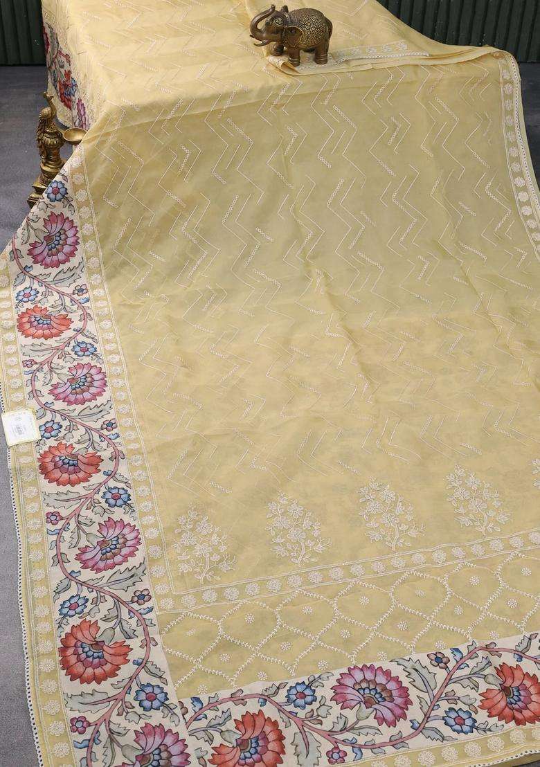 Semi Organza Saree Sandal And Beige With Allover Embroidery Work And Applique Pallu Blouse With Embroidered Design For Women - Indya