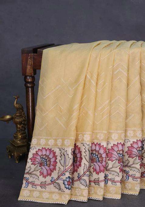 Semi Organza Saree Sandal And Beige With Allover Embroidery Work And Applique Pallu Blouse With Embroidered Design For Women