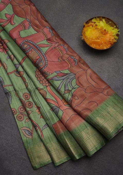 Semi Tussar Saree Green With Allover Floral Prints And Zari Woven Border With Printed Design For Women