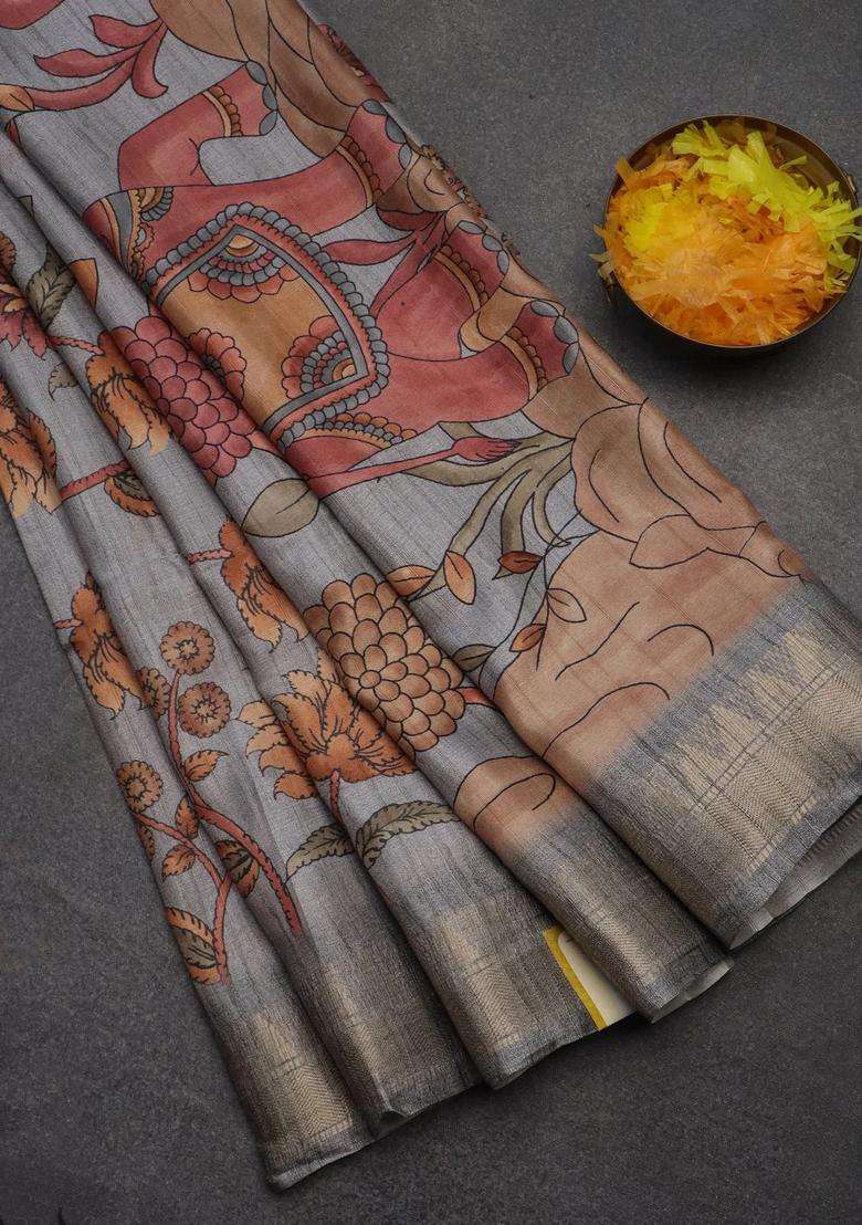 Semi Tussar Saree Grey With Allover Floral Prints And Zari Woven Border With Printed Design For Women - Indya