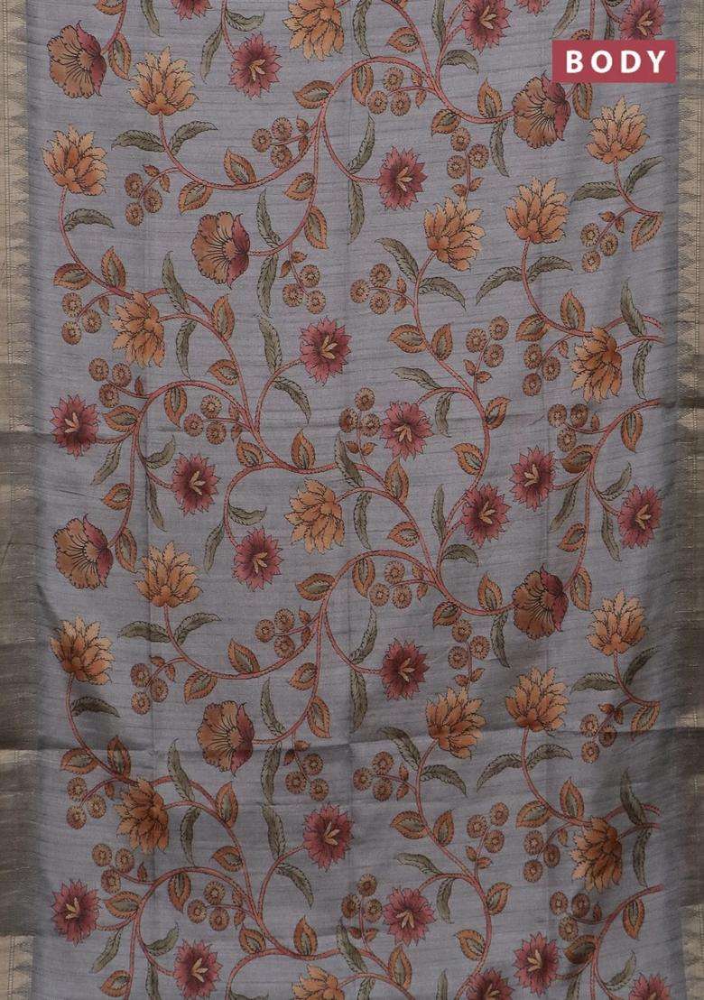 Semi Tussar Saree Grey With Allover Floral Prints And Zari Woven Border With Printed Design For Women - Indya
